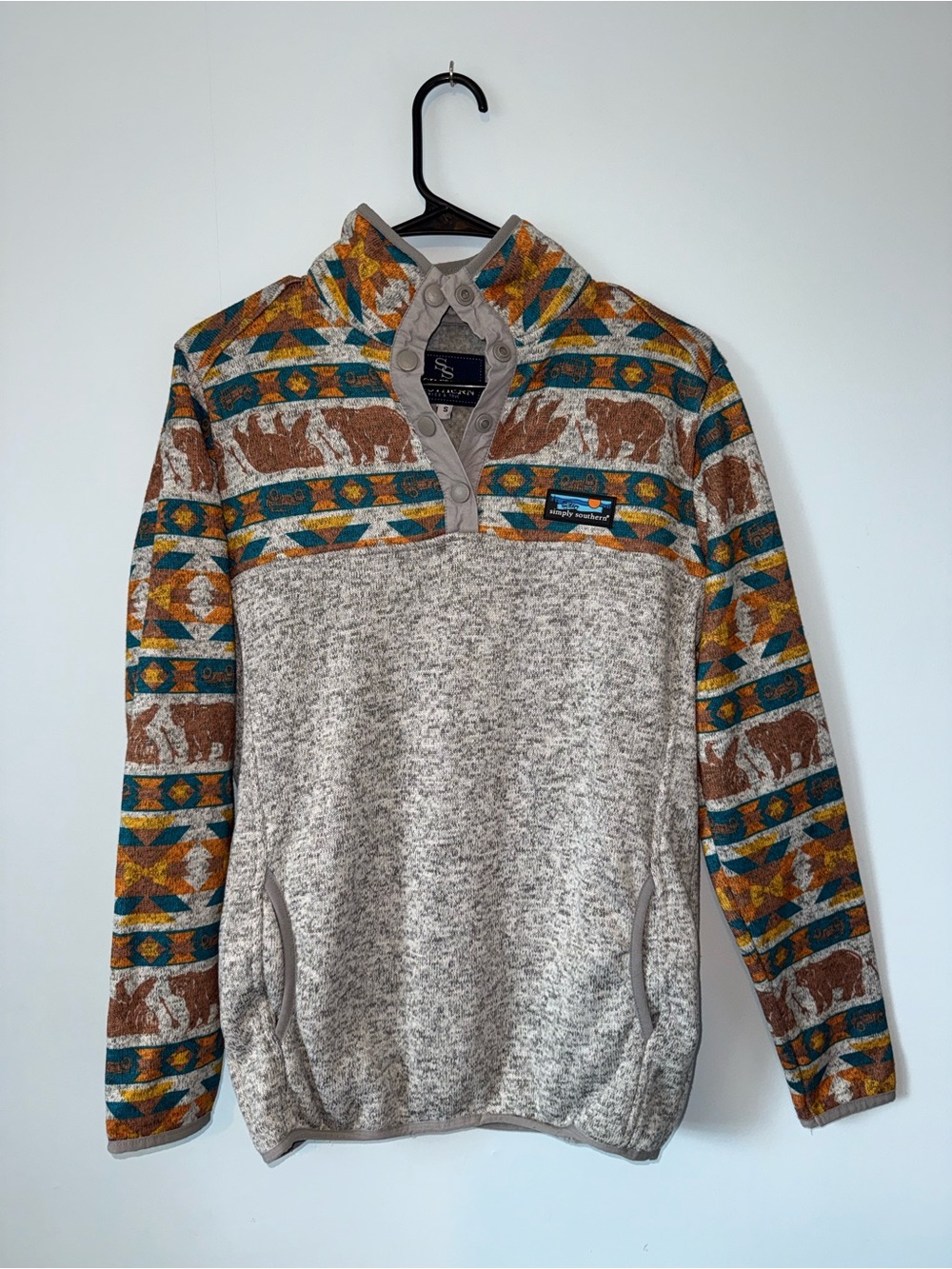 Simply Southern Beige Pullover Sweater with Teal and Brown Aztec Accents